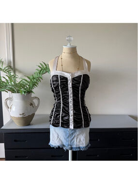Vintage 2000s Satin Bustier Halter Top | Brown & Pink Sweetheart Bodice | L